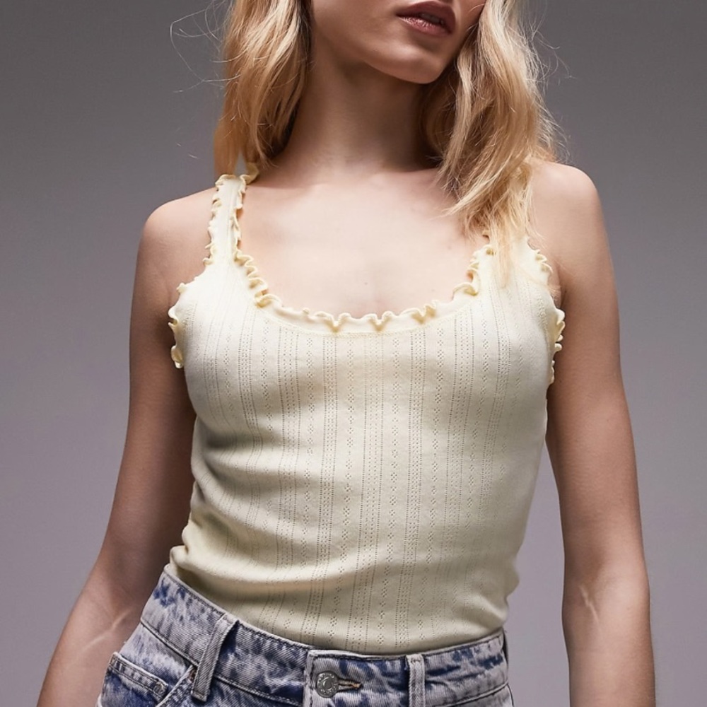 Topshop Pointelle Lettuce Edge Cami Tank Top in Lemon/Butter Yellow Size 8-10